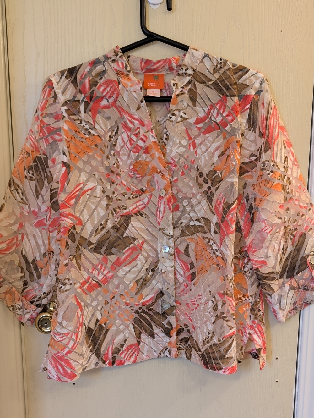 Hearts of Palm Watercolor Leaf Burnout Blouse | Size 10 | Roll-Tab Sleeves